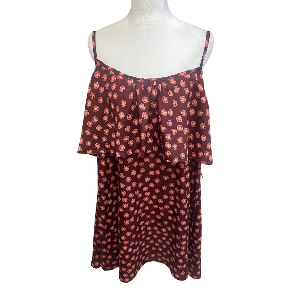 Retro Cami Sundress‎ Ruffle Tiered Sunburst Floral Burgundy Sz L Festival Boho